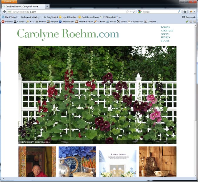 The Carolyne Roehm website presenting a large-format photograph across the full browser width.