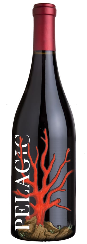 A tall wine label study with a painterly illustration and typographic composition.
